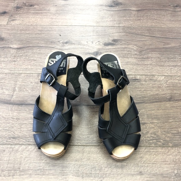 SVEN SWEDISH CLOGE ACCENT LEATHER TAUPE CHUNKY HERLS SANDALS BLACK SIZE 37 EU - Picture 1 of 6